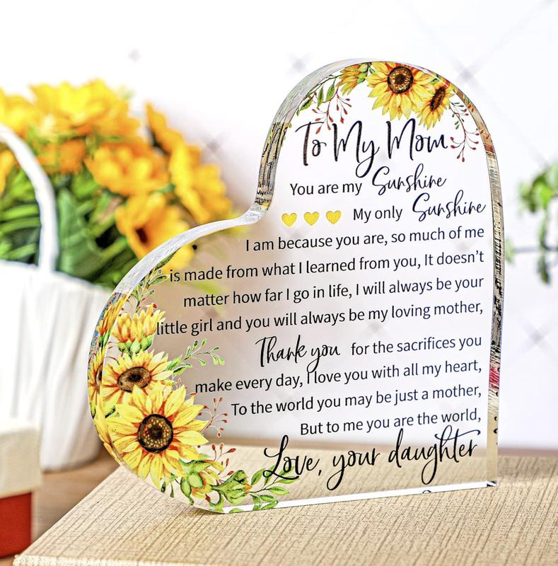 Gifts to My Mom Mothers Day Gifts Acrylic Heart Sunflower Plaque Mother in Law Gift Bonus Mom Gift Mom Birthday Gifts Acrylic Heart Sign from Daughter Son