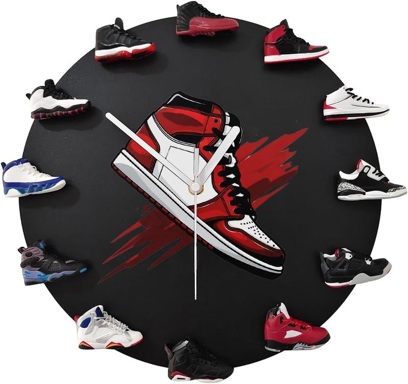 D Wall Clock with 12 Mini Shoe Models, Decorative Sneaker Clock Basketball Shoe Clocks Gift for Boys & Girls Friends