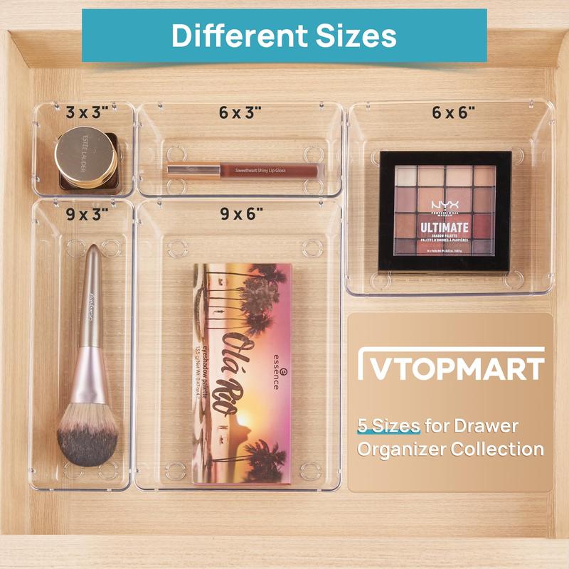 Vtopmart 25  44 60PCS Clear Plastic Drawer Organizers Set, 4-Size Versatile Bathroom and Vanity Drawer Organizer Trays,  for Makeup, Bedroom, Kitchen