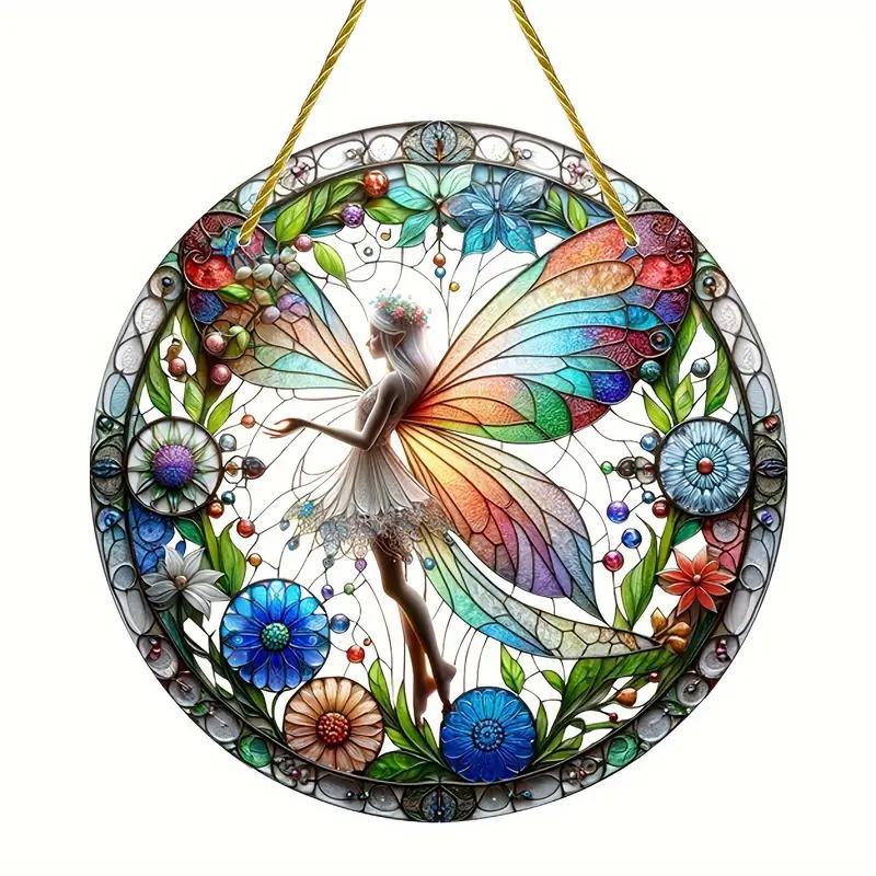 Butterfly Fairy Pattern Acrylic Disc Decoration, 1 Count Round Hanging Decoration, Festive Decorations for Home Farmhouse Indoor Outdoor Wall Garden Party