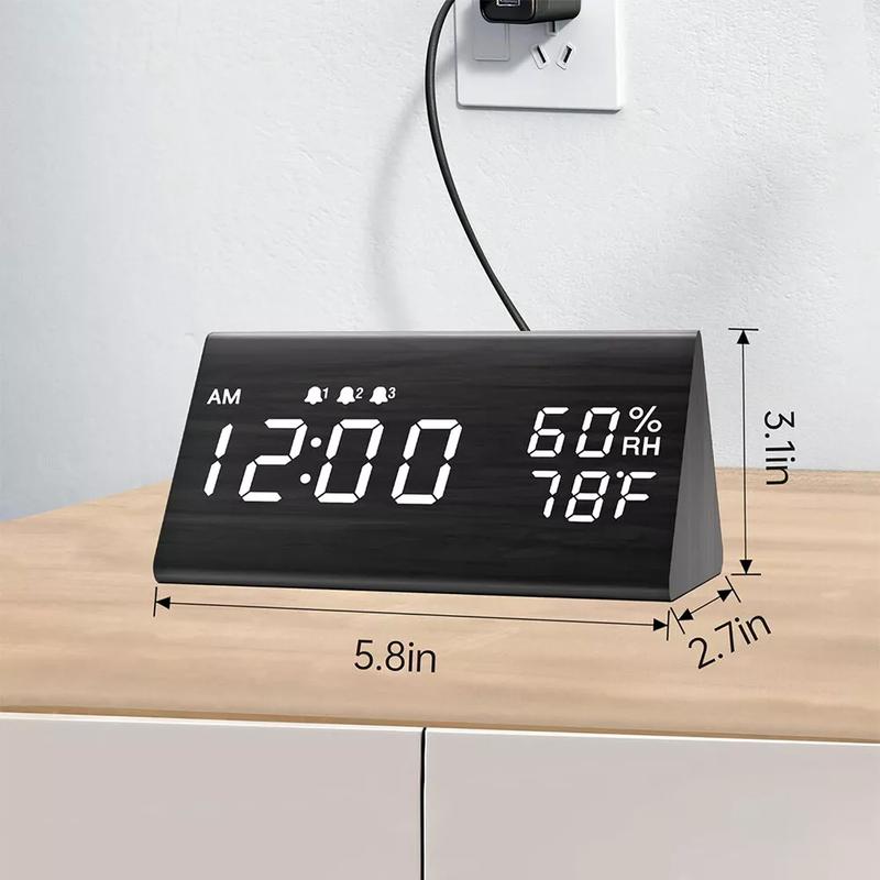 Digital Alarm Clock with Wooden LED Time Display Humidity Temperature Detect