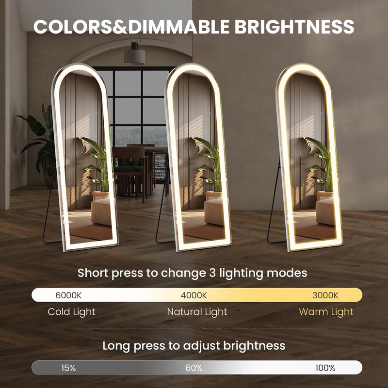 LED Full Length Standing Mirror with Dimming & 3 Color Lighting, Lighted Floor Mirror with Aluminum Alloy Thin Frame, Wall Mirror with Stand Decor