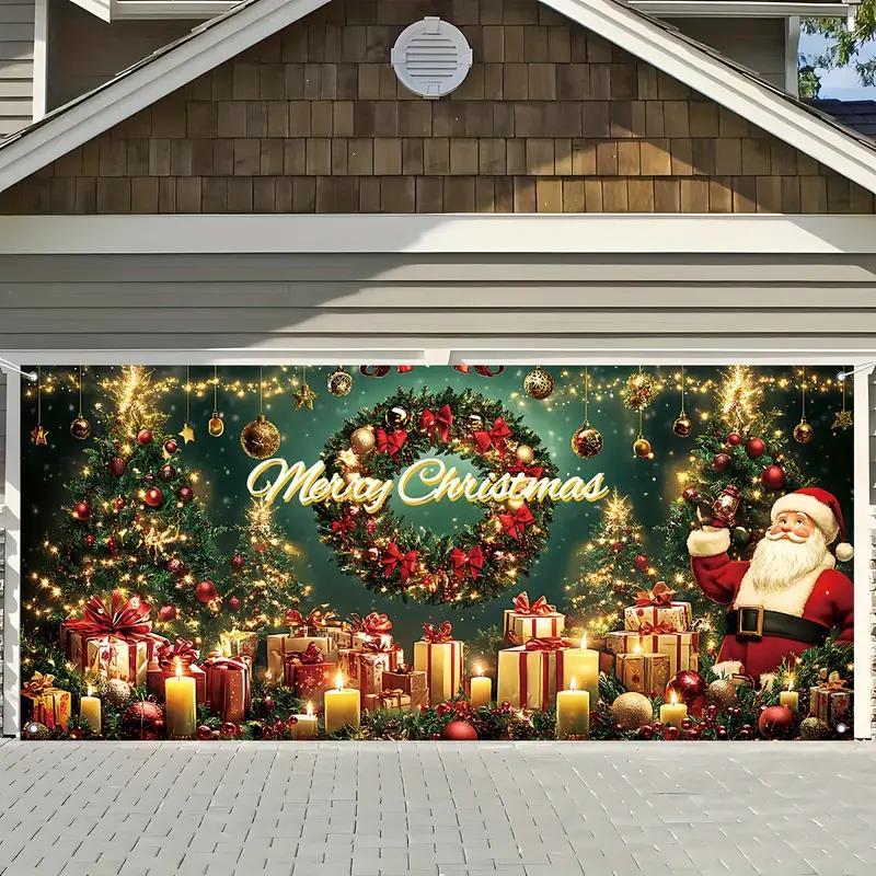 Christmas Themed Garage Door Cover, 1 Count Merry Christmas Letter & Gift Box Pattern Garage Door Banner, Outdoor Holiday Decoration for Home Garden