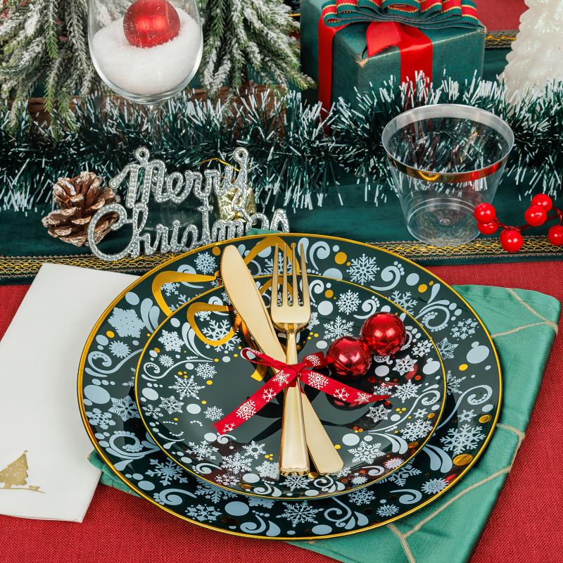 Nervure 175pcs Christmas Dinnerware Set - Golden & Green Snowflake Plates, Cups, Cutlery, Napkins for 25 Guests - Plastic Party Supplies for Wedding, Birthday, General Celebrations