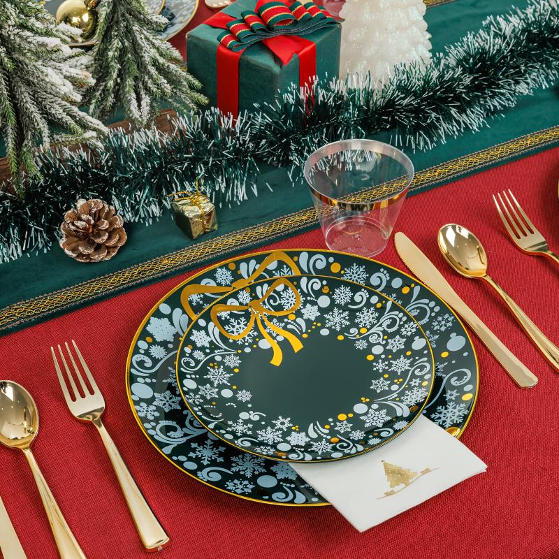 Nervure 175pcs Christmas Dinnerware Set - Golden & Green Snowflake Plates, Cups, Cutlery, Napkins for 25 Guests - Plastic Party Supplies for Wedding, Birthday, General Celebrations