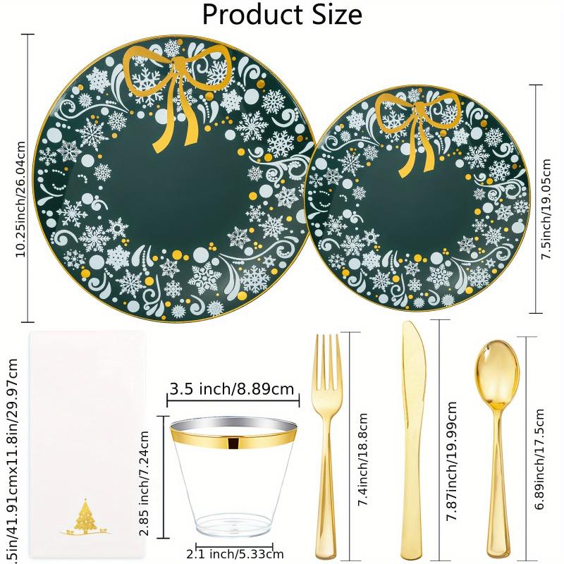 Nervure 175pcs Christmas Dinnerware Set - Golden & Green Snowflake Plates, Cups, Cutlery, Napkins for 25 Guests - Plastic Party Supplies for Wedding, Birthday, General Celebrations