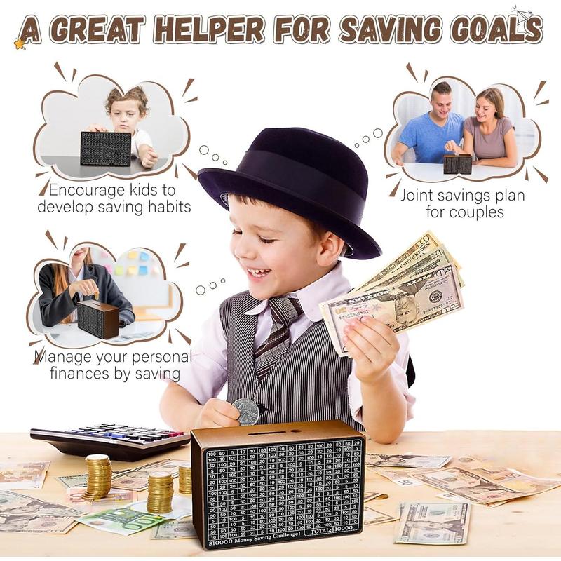 Wooden Money Saving Box, Cash Savings Box for $10000 $5000 $3000 Target Money Saving Challenge, Reusable Money Box with Counter, Cash Vault Bank with Dry Erase Pen Savings Trackers Rubber Band-Brown