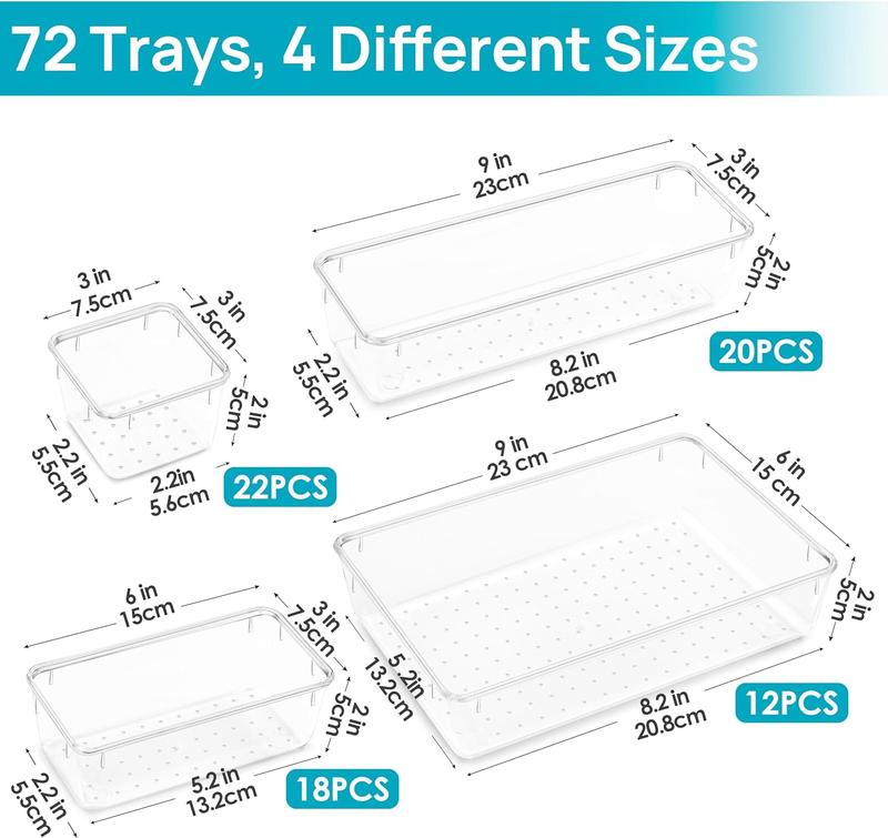 72 Pcs Clear Plastic Drawer Organizers Set, 4-Size Versatile Bathroom and Vanity Drawer Organizer Trays drawer dividers Multi-size storage trays Photo