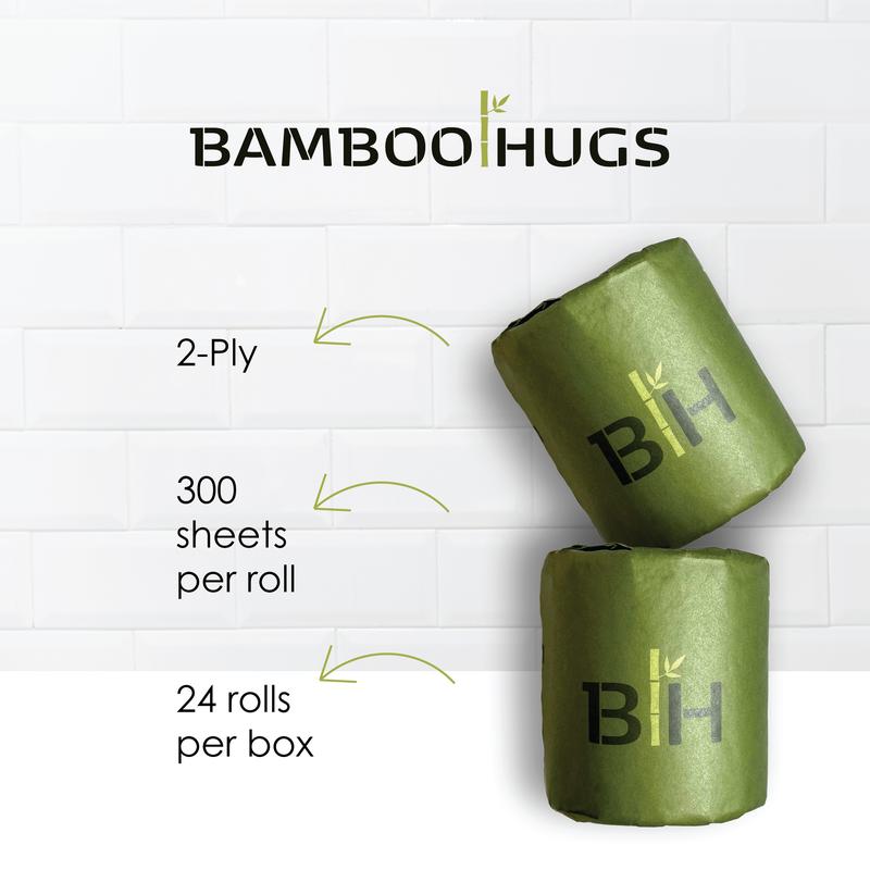 Bamboo Hugs Natural Bamboo Toilet Paper - 24 Rolls - Ultra-Soft Virgin Bamboo Toilet Paper (2 Ply, 300 Sheets) Wipes