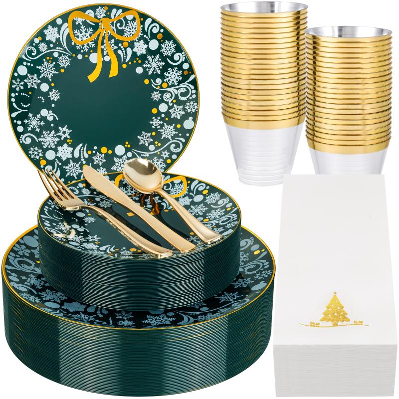 Nervure 175pcs Christmas Dinnerware Set - Golden & Green Snowflake Plates, Cups, Cutlery, Napkins for 25 Guests - Plastic Party Supplies for Wedding, Birthday, General Celebrations