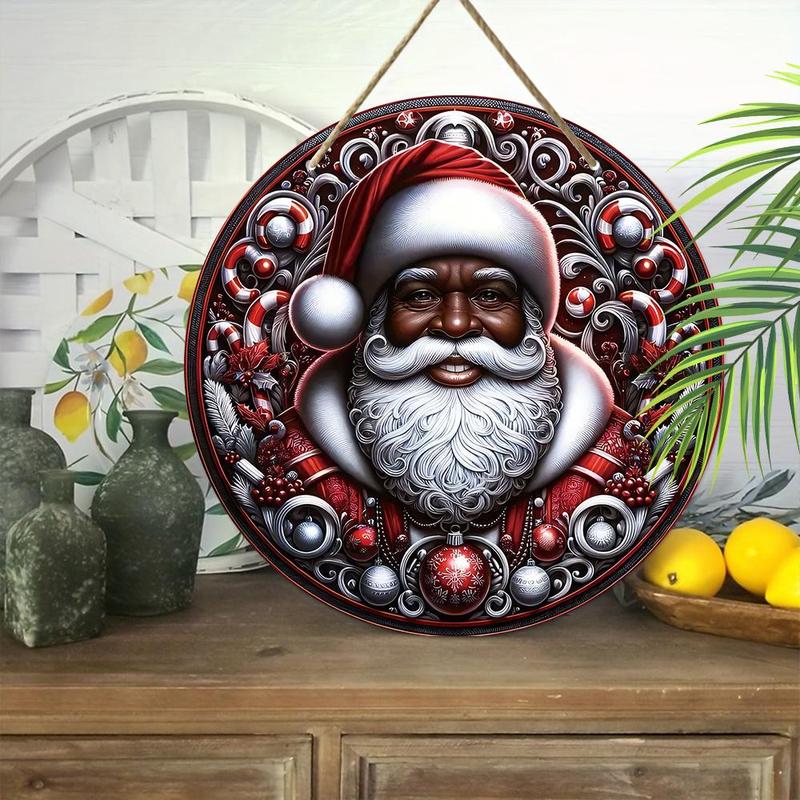 Round Wooden Hanging Decoration, 1 Count Santa Claus Pattern Hanging Ornament, Wall Decor for Home Living Room Bedroom, Festive & Party Supplies