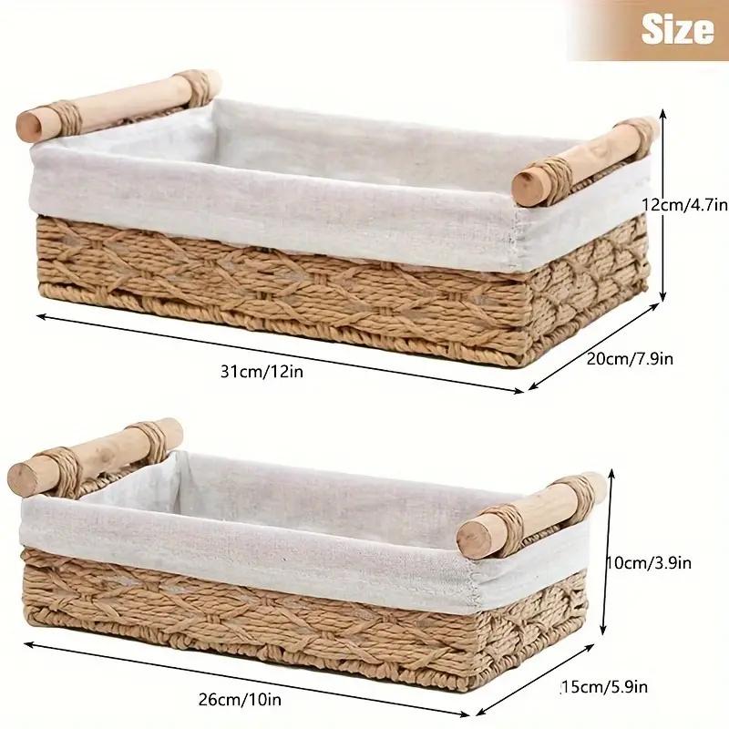 2pcs set Beige Paper Rope Storage Baskets With Wooden Handles, Handcrafted Woven Bins For Makeup Bookshelf, Living Room, Countertop Decorative Box, Toilet Tank Basket, Rustic Small Basket Set