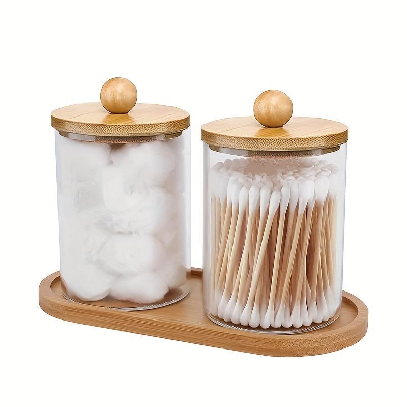 Cotton Swab Holder Dispenser with Bamboo Lid & Tray, 10oz Clear Bathroom Storage Jar, Vanity Storage Organizer for Cotton Swab, Ball, Pads, Floss