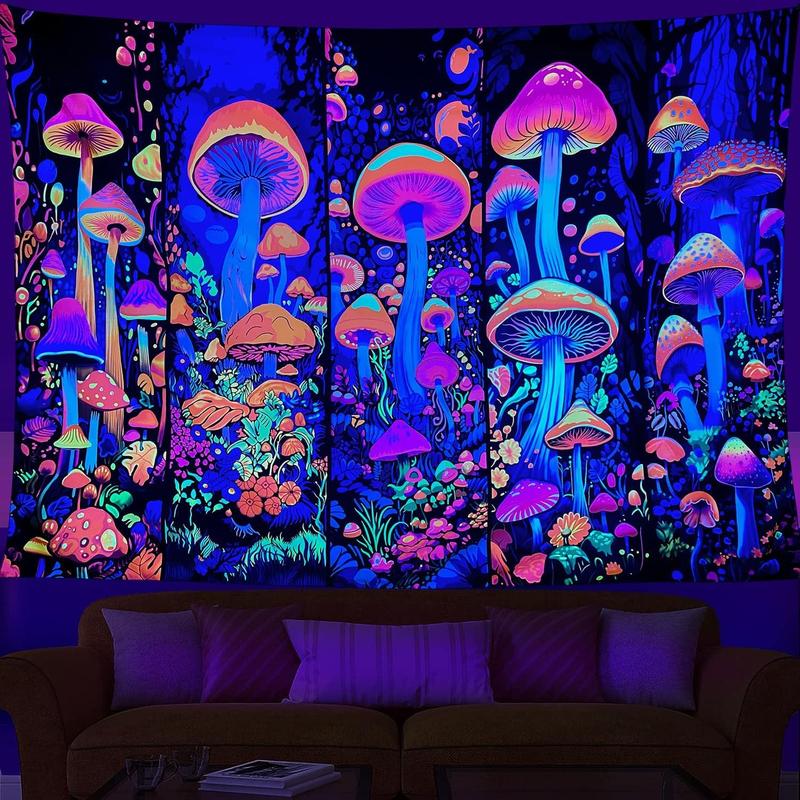 Blacklight Mushroom Tapestry Flower  Tapestry Wall Hanging, UV Reactive Tapestries Glow in The Dark Tapestry Hippie Tapestry for Bedroom Wall Hanging Trippy Room Decor (51