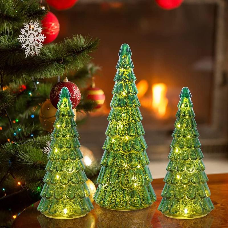 Christmas Decorations for The Home, 3 pcs Sparkling Glass Christmas Tree with LED Lights and Timer, Tabletop Christmas Tree Decor, Xmas Tree Decorations for Fireplace, Home Decor Indoor Ornaments