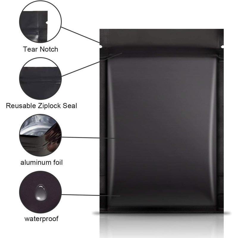 Smell Proof Resealable Mylar Bags - Foil Pouch Double-Sided Flat Ziplock Bag Matte Black