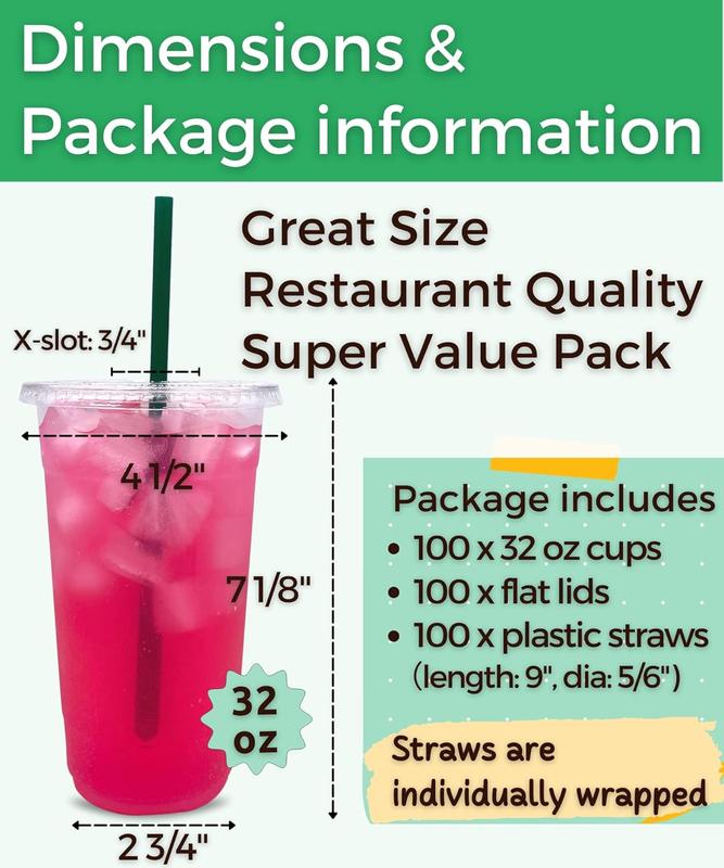 [100 Sets] 32 oz Clear Plastic Cups with Lids and STRAWS, Disposable Party Cups for To Go Iced Coffee Cold Drinks, Smoothie, Juice, Parfait, Frappuccino, Milkshake. No Leaking Fruit Cup