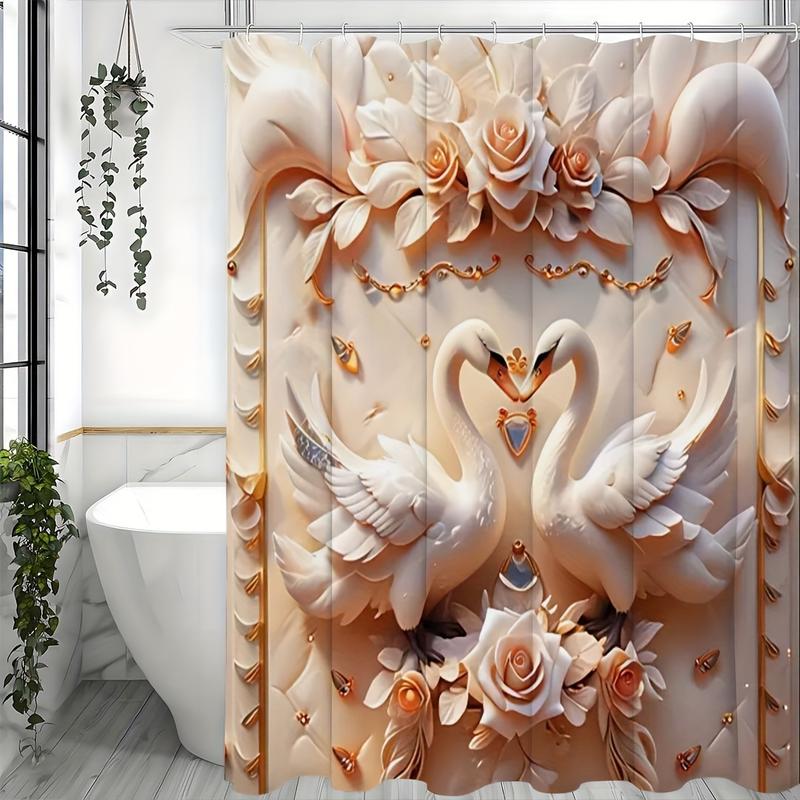 1pcs 3D Swan Embossed Pearl Print Creative Shower Curtain Set, Decorative Bathroom Set including Waterproof Shower Curtain, and 12 Plastic Hooks, Bathroom Accessories, Home Decoration