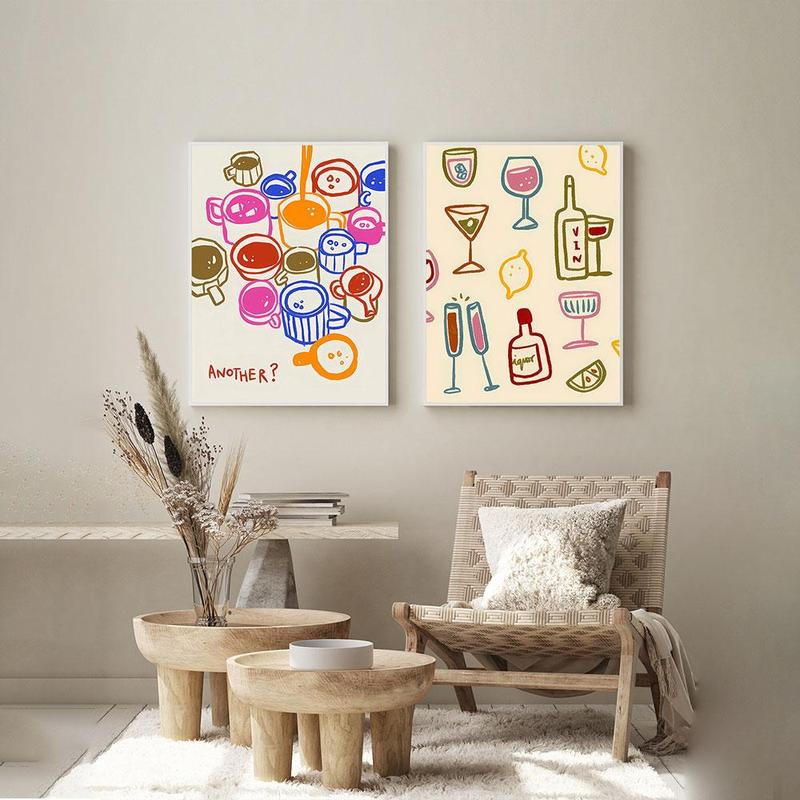 Cup Pattern Unframed Painting, 2 Counts set Modern Canvas Wall Art, Wall Decor for Home Living Room Bedroom Office School