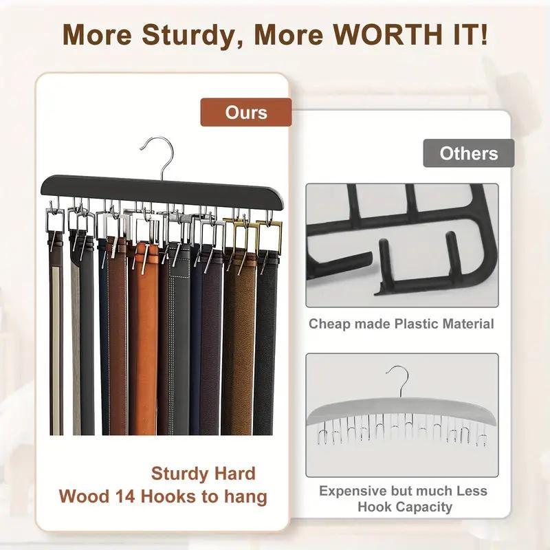 Wooden Belt Hanger with 14pcs Hooks, 1 Count Space Saving Multi-functional Clothes Ties Scarves Organizer, Closet Storage for Home Dormitory Bathroom