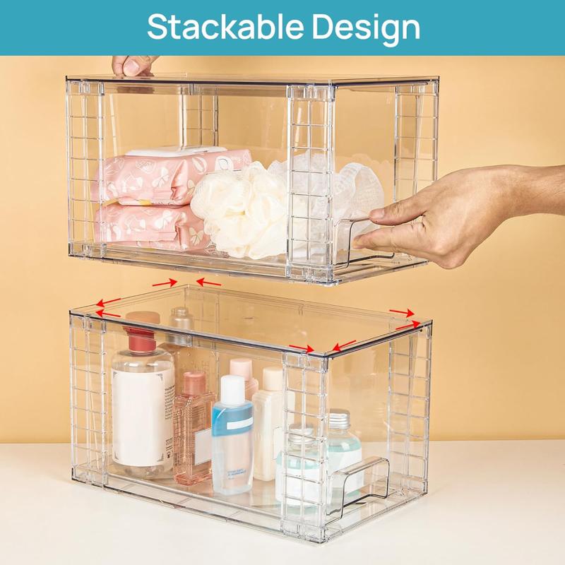 4-pack large clear acrylic stackable storage drawers with handles, perfect for organizing bathrooms, kitchens, cabinets, and more.