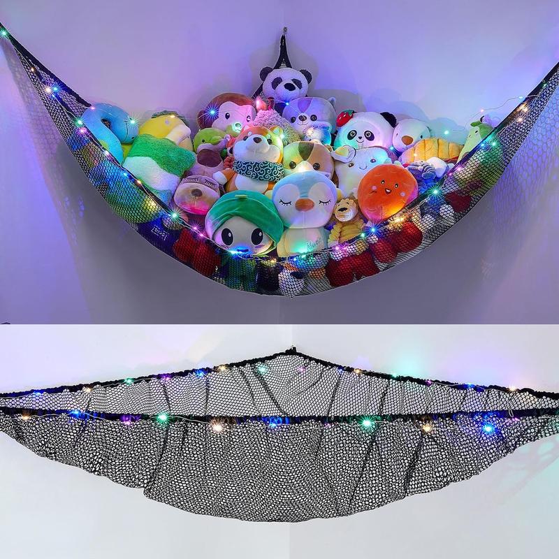 Stuffed Animals Net or Hammock Toy Storage Organizer with LED Light Unicorn Castle Hanging Corner Stuffed Animals Holder Girls Room Decor Box Decoration Wall Pet Ornaments Hangable