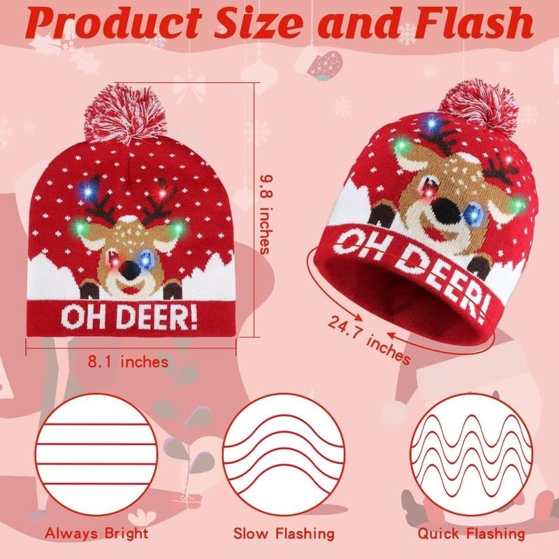 Light Up Christmas Hat, Christmas Knitted Beanie Hat, Cute Cartoon Design Xmas Knit Cap With 6 Colorful LED Lights 4pcs