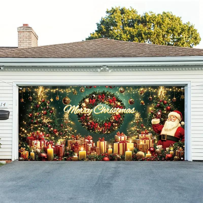 Christmas Themed Garage Door Cover, 1 Count Merry Christmas Letter & Gift Box Pattern Garage Door Banner, Outdoor Holiday Decoration for Home Garden