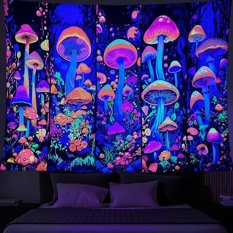 Blacklight Mushroom Tapestry Flower  Tapestry Wall Hanging, UV Reactive Tapestries Glow in The Dark Tapestry Hippie Tapestry for Bedroom Wall Hanging Trippy Room Decor (51