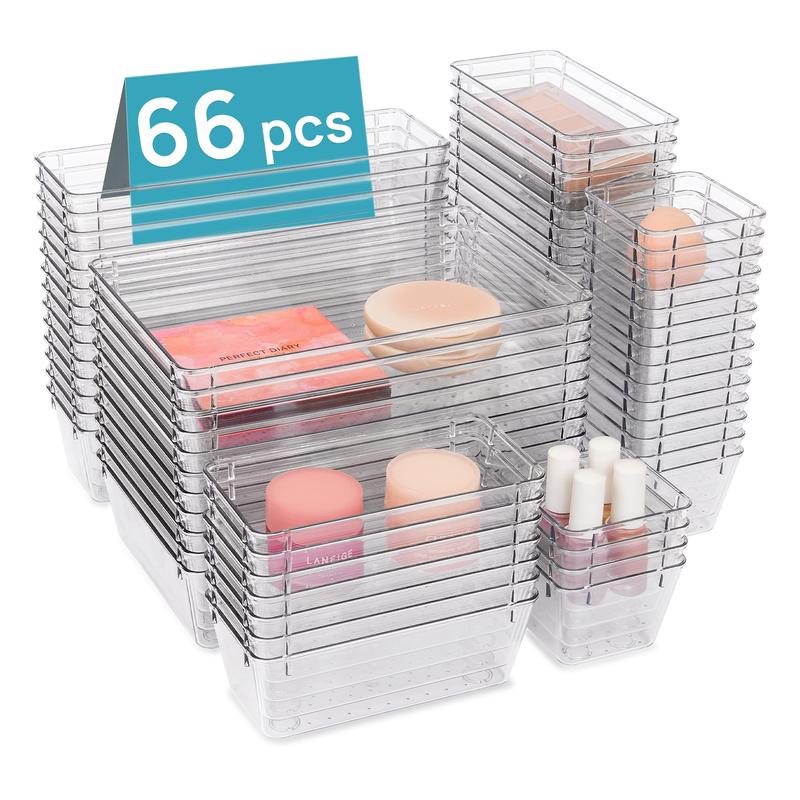 Vtopmart 25  44 60PCS Clear Plastic Drawer Organizers Set, 4-Size Versatile Bathroom and Vanity Drawer Organizer Trays,  for Makeup, Bedroom, Kitchen