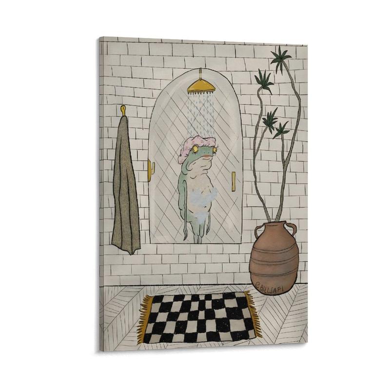 Bath Frog Canvas Printing, Bathroom Wall Art, Cartoon Frog Picture Poster Painting, Animal Wall Painting, Bathroom Frog Artwork, Living Room, Bedroom, Bathroom, Hotel Wall Decoration, Home Decoration