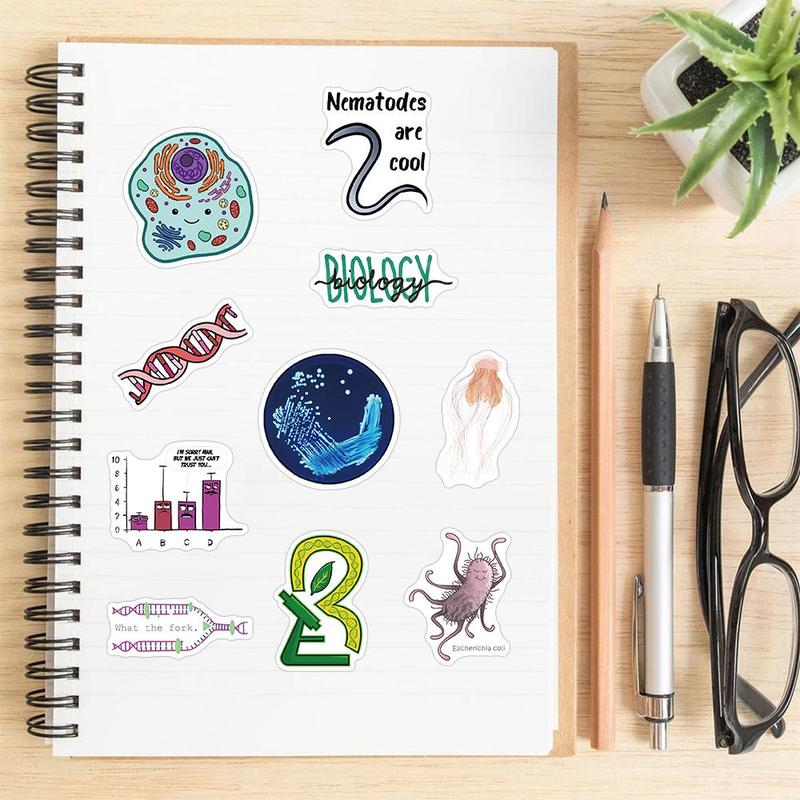 Biology Themed Sticker, 50pcs set Cartoon Genes Pattern Decorative Sticker, DIY Decals for Water Bottle, Laptop, Phone Case, Scrapbooking, Journal Making