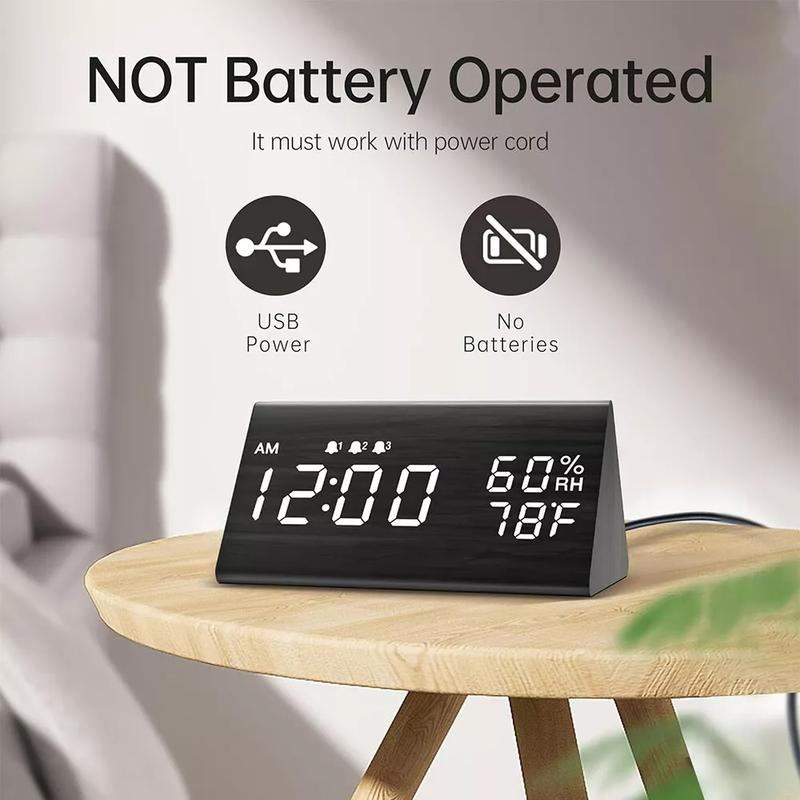 Digital Alarm Clock with Wooden LED Time Display Humidity Temperature Detect