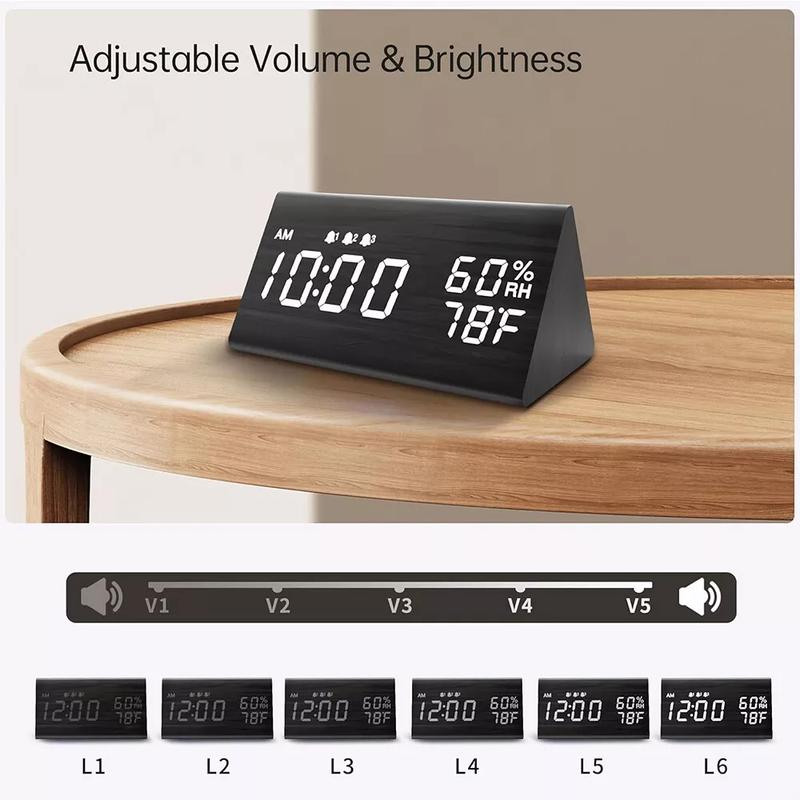 Digital Alarm Clock with Wooden LED Time Display Humidity Temperature Detect