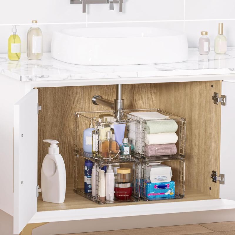 4-pack large clear acrylic stackable storage drawers with handles, perfect for organizing bathrooms, kitchens, cabinets, and more.