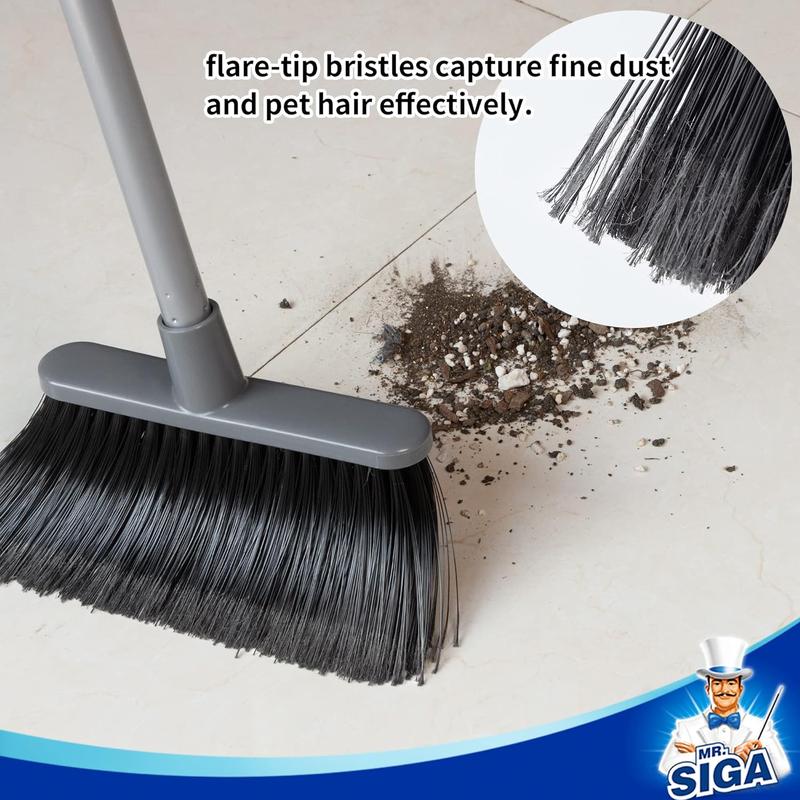 MR.SIGA Broom and Dustpan Set with Adjustable Long Handle, Upright Combo for Floor, Cleaning Lobby, Gray