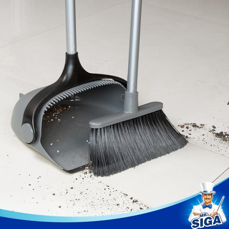 MR.SIGA Broom and Dustpan Set with Adjustable Long Handle, Upright Combo for Floor, Cleaning Lobby, Gray