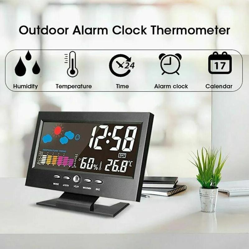 Auto Set Digital Alarm Clock | Color Display LCD Screen with Snooze Calendar Thermometer Hygrometer Weather Display | Large Digits LED, Easy to Read - Perfect for Nightstand or Desk