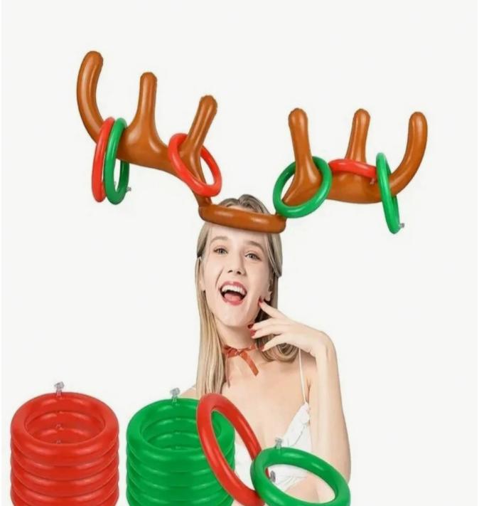 4pcs Inflatable Reindeer Antlers Game Set with Wreath Headband Toy for Christmas Party