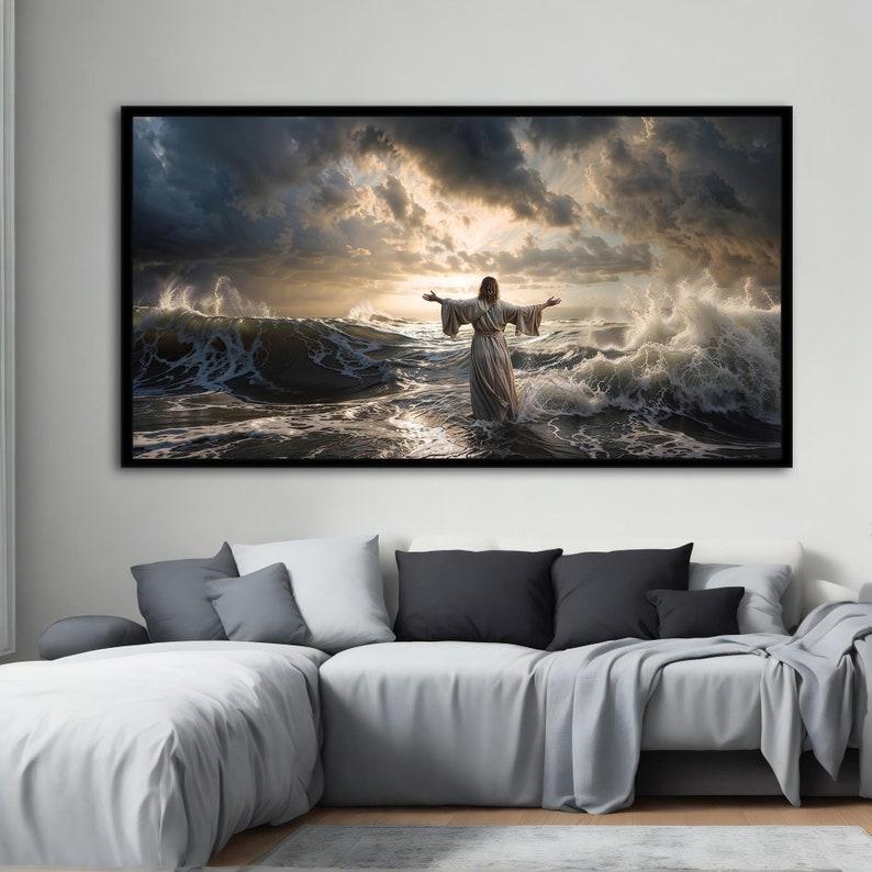 Jesus Walking on Water Canvas Painting, Inspirational Wall Decor, Extra Large Decor, Ready to Hang Christian Art, Ideal Religious Gift UX1UZ