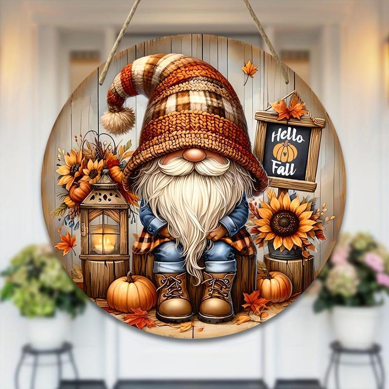 Gnome Pattern Wooden Hanging Sign, 1 Count Thanksgiving Day Fall Sunflower Pumpkin Pattern Door Sign, Wall Decor, Porch Door Hanging Decor