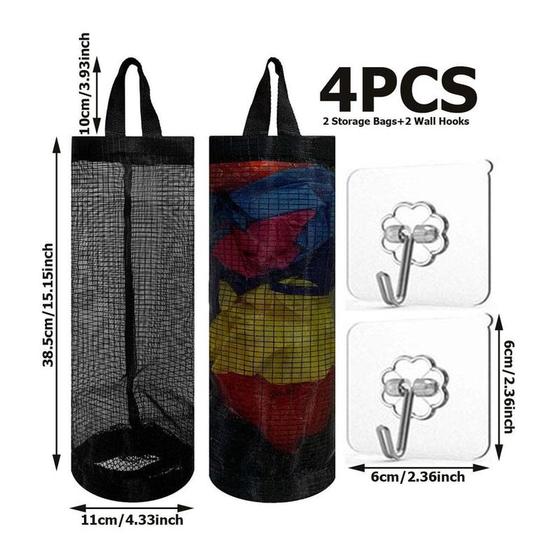 Trash Bag Holder Set, 4pcs set Including 2 Storage Bags & 2 Wall Hooks, Mesh Hanging Storage Dispenser Set