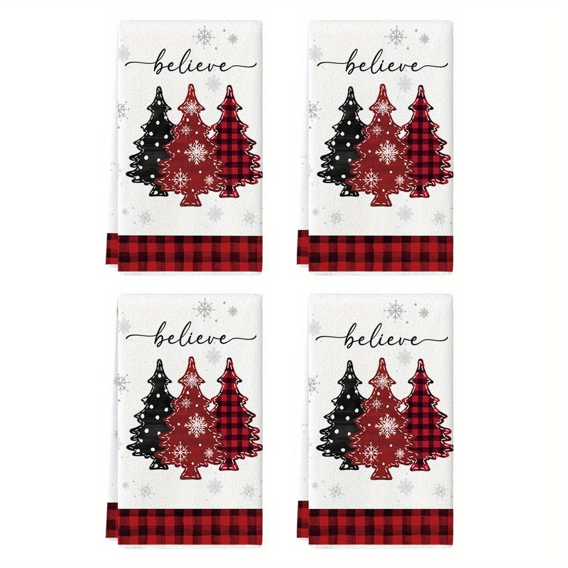 Red Xmas Trees Christmas Kitchen Towels Dish Towels, 18x26 Inch Daily Buffalo Plaid Winter Room Funky Home Decoration Hand Towels Set of 2 3 4