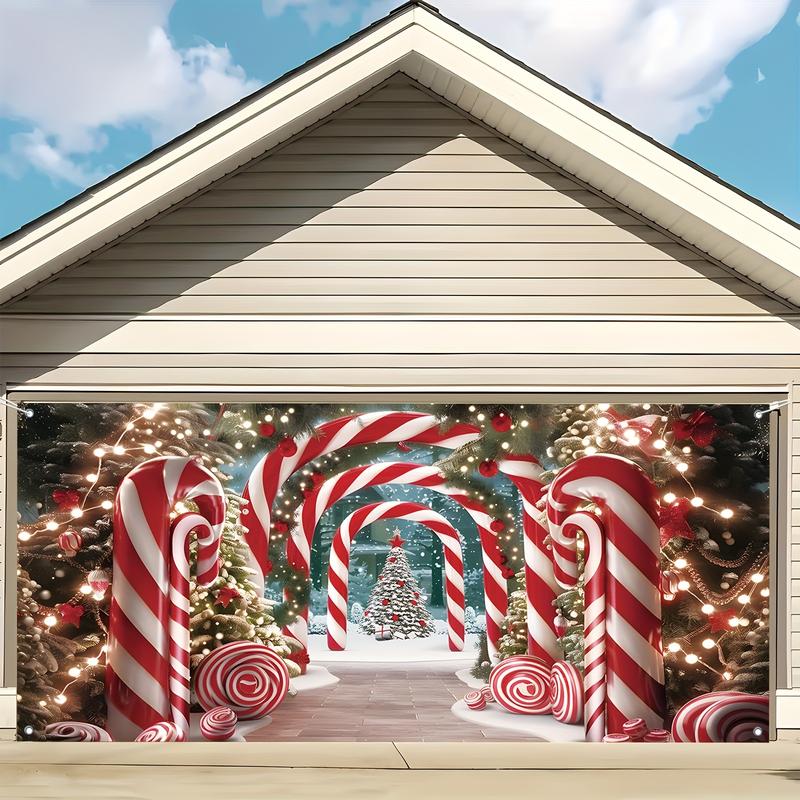 Christmas Garage Door Banner Decoration, Candy Cane and Christmas Tree Design, 100% Polyester 100D Fabric, Large Size 71