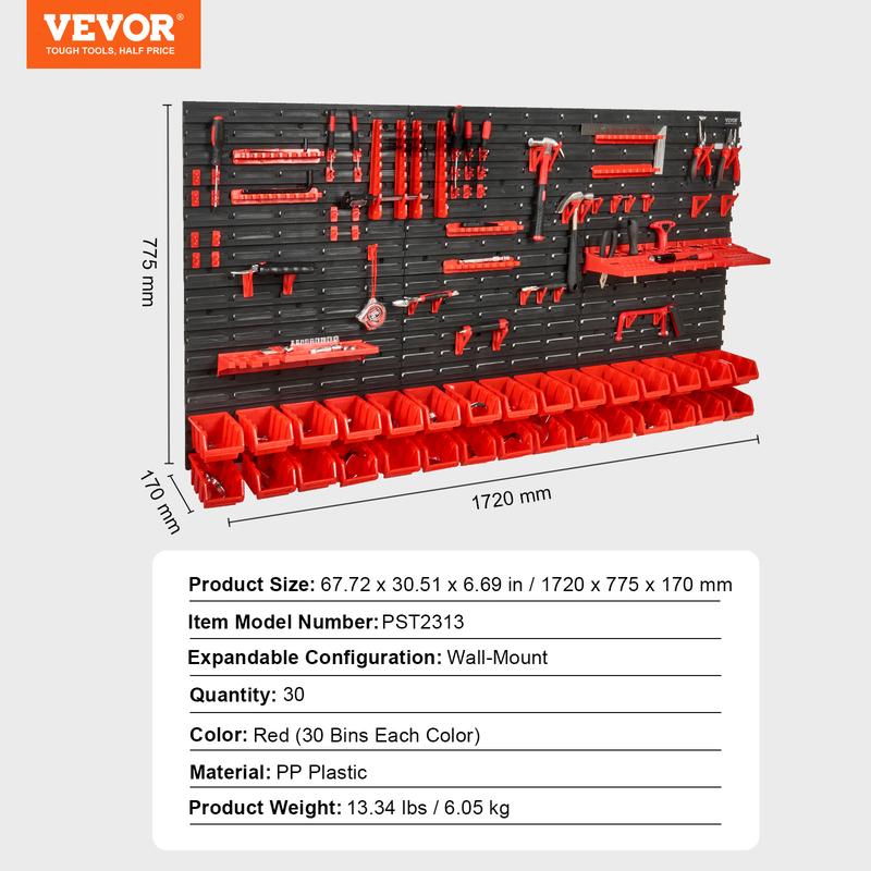 VEVOR Wall Mounted Storage Bins, 30-Bin Parts Rack Organizer Garage Plastic Shop Tool with Wall Panels Tool Holders Hooks, Tool Organizer for Nuts, Bolts, Screws, Nails, Beads, Buttons, Black and Red