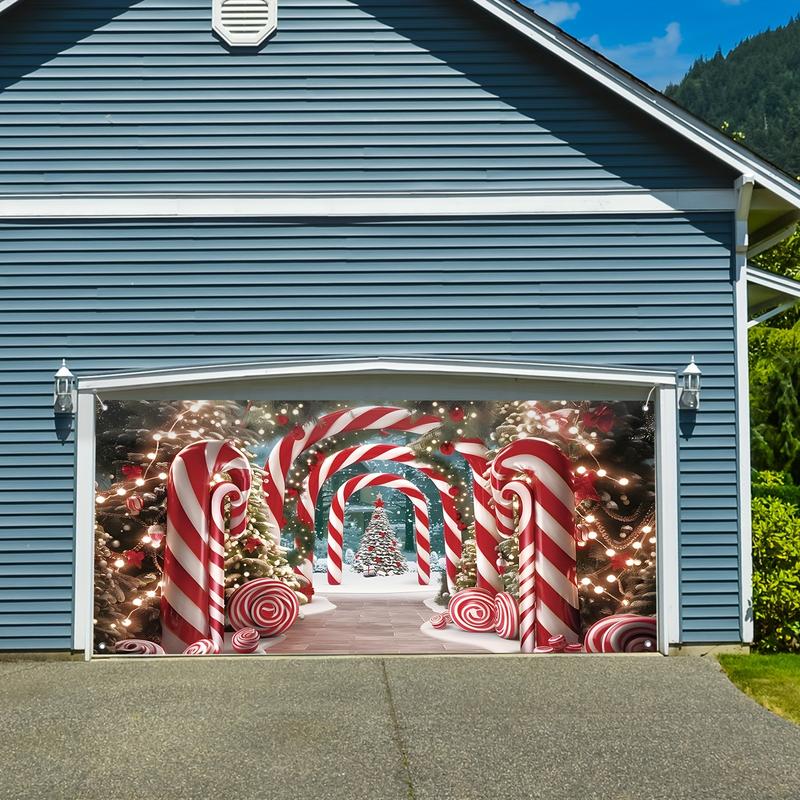 Christmas Garage Door Banner Decoration, Candy Cane and Christmas Tree Design, 100% Polyester 100D Fabric, Large Size 71