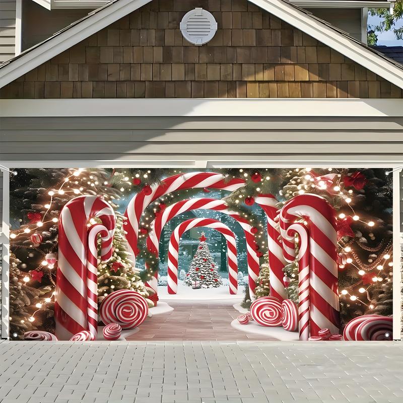 Christmas Garage Door Banner Decoration, Candy Cane and Christmas Tree Design, 100% Polyester 100D Fabric, Large Size 71