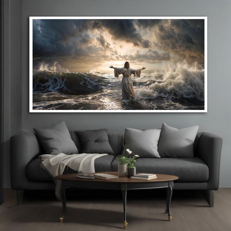 Jesus Walking on Water Canvas Painting, Inspirational Wall Decor, Extra Large Decor, Ready to Hang Christian Art, Ideal Religious Gift UX1UZ