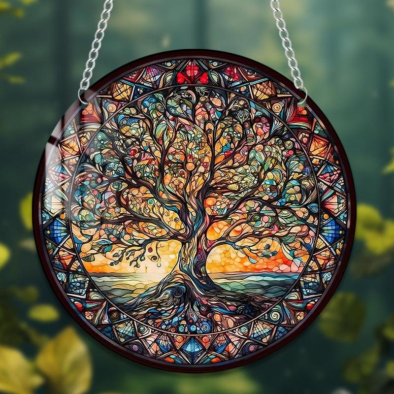 Tree Pattern Hanging Decor, 1 Count Round Stained Glass Hanging Ornament, Wall Art Decor for Home Living Room Bedroom Study Room