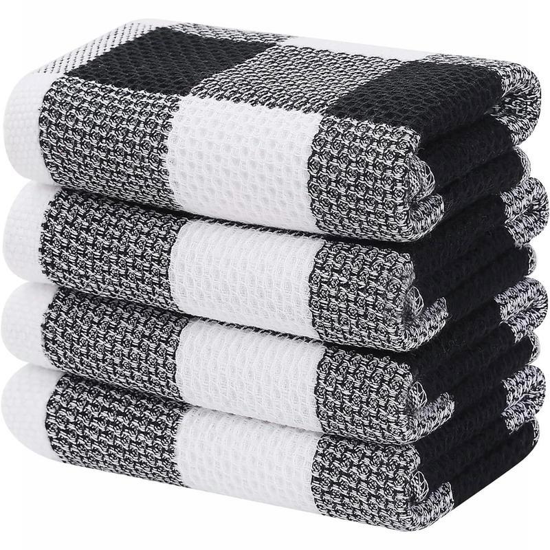 Cotton Waffle Weave Check Plaid Towels - 4-Pack, 13 x 28 Inches. Super Soft, Absorbent for Drying Dishes. White & Black Cleaning Towels.